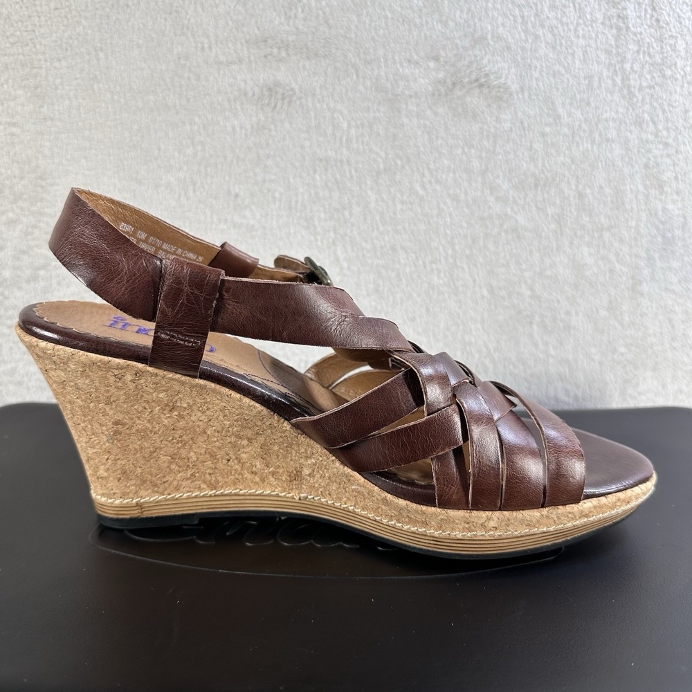 Clarks Indigo Brown Leather Cork Wedge Sandals Size 10 M Strappy Slingback - Picture 2 of 7